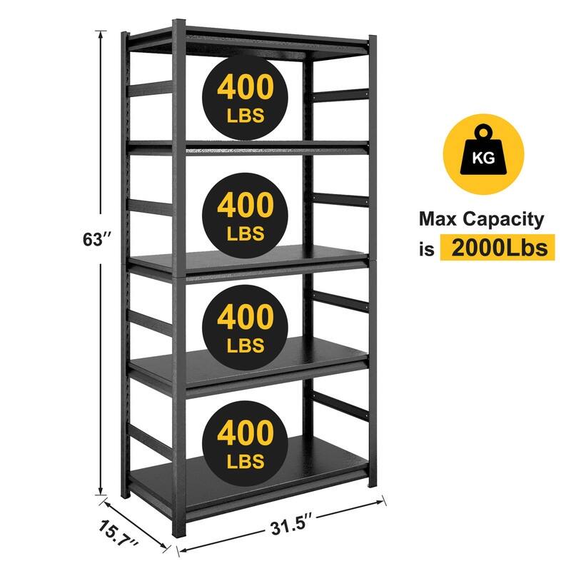 5-Tier Adjustable Heavy Duty Metal Storage Shelves, 2000 lbs, 63"/72"H