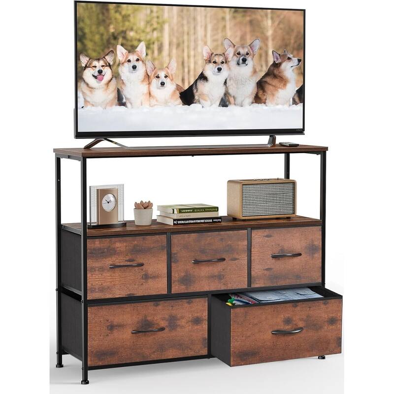 Modern 5 Fabric Drawer 11.8 in. Wide Chest of Drawers with Open Shelf & TV Stand for 45 Inch TV Living Room