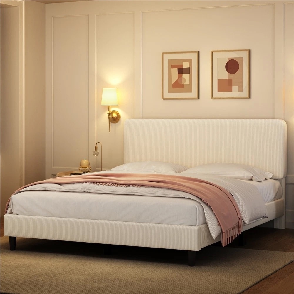 Upholstered Bed Frame Adjustable Headboard Chenille Fabric Beige Full