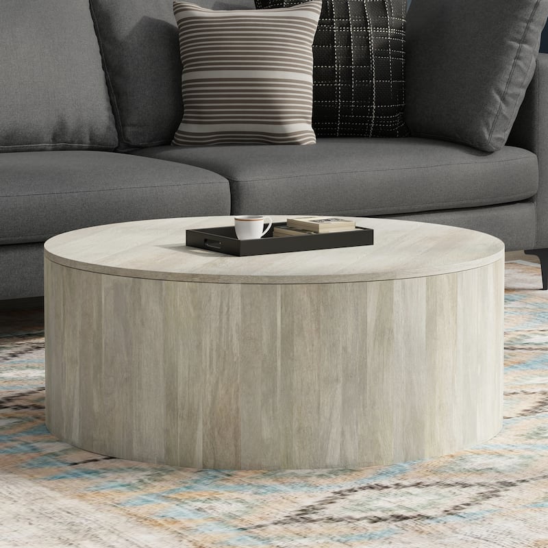 WYNDENHALL Hillmount SOLID MANGO WOOD 36 inch Wide Round Contemporary Drum Coffee Table & Fully Assembled - 36"d x 36" w x 14"h - White Wash