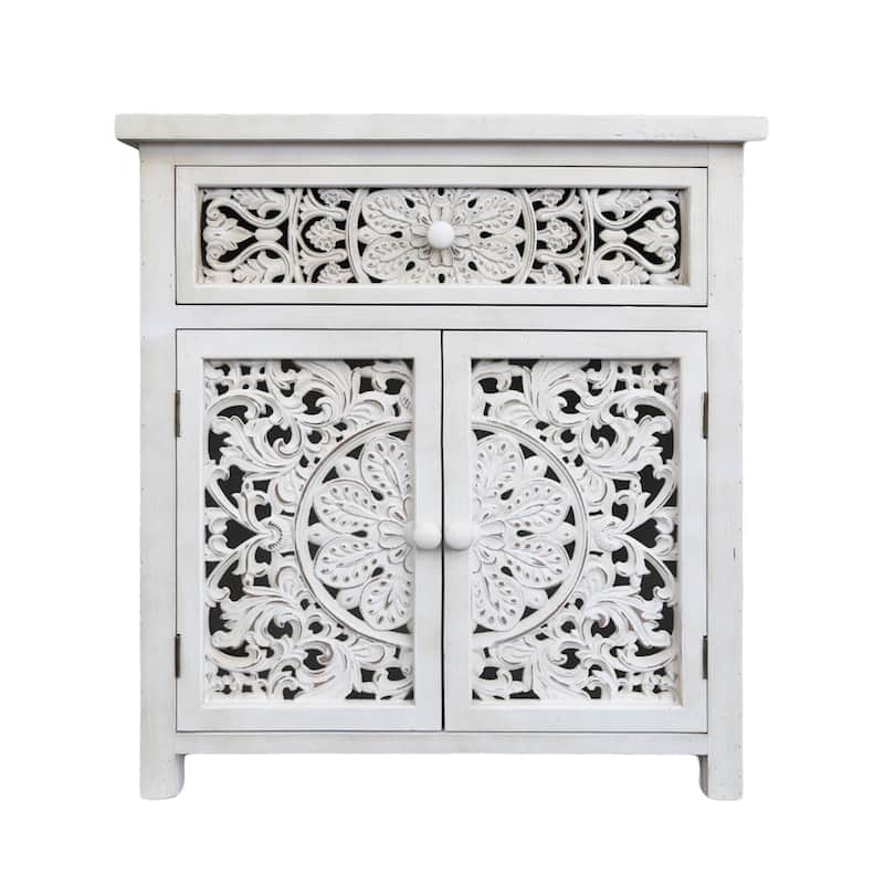 Rustic Hollow-Carved Wood Storage Cabinet with 1 Drawer and 2 Doors, Antique White, 31" H - 27.6" x 13.8" x 31"
