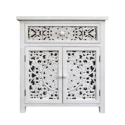 Rustic Hollow-Carved Wood Storage Cabinet with 1 Drawer and 2 Doors, Antique White, 31" H - 27.6" x 13.8" x 31"
