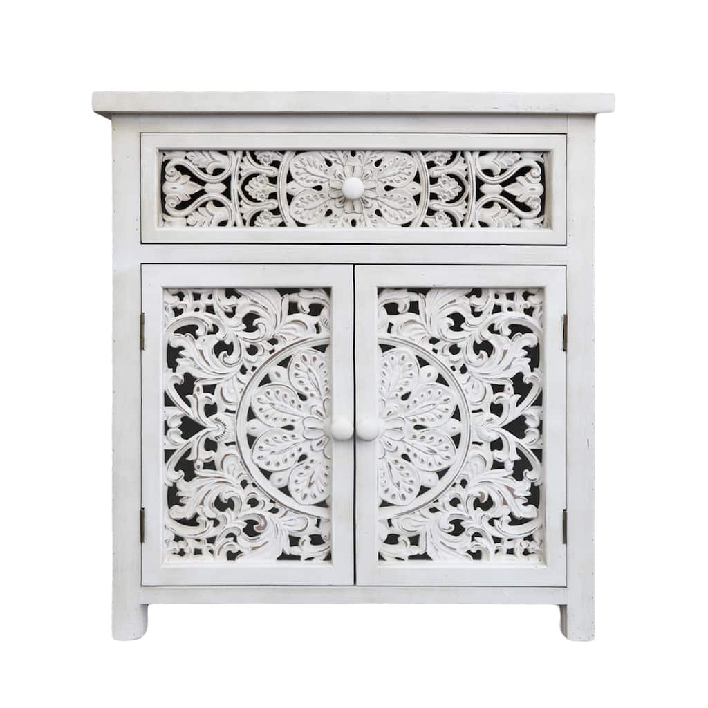 Rustic Hollow-Carved Wood Storage Cabinet with 1 Drawer and 2 Doors, Antique White, 31" H - 27.6" x 13.8" x 31"