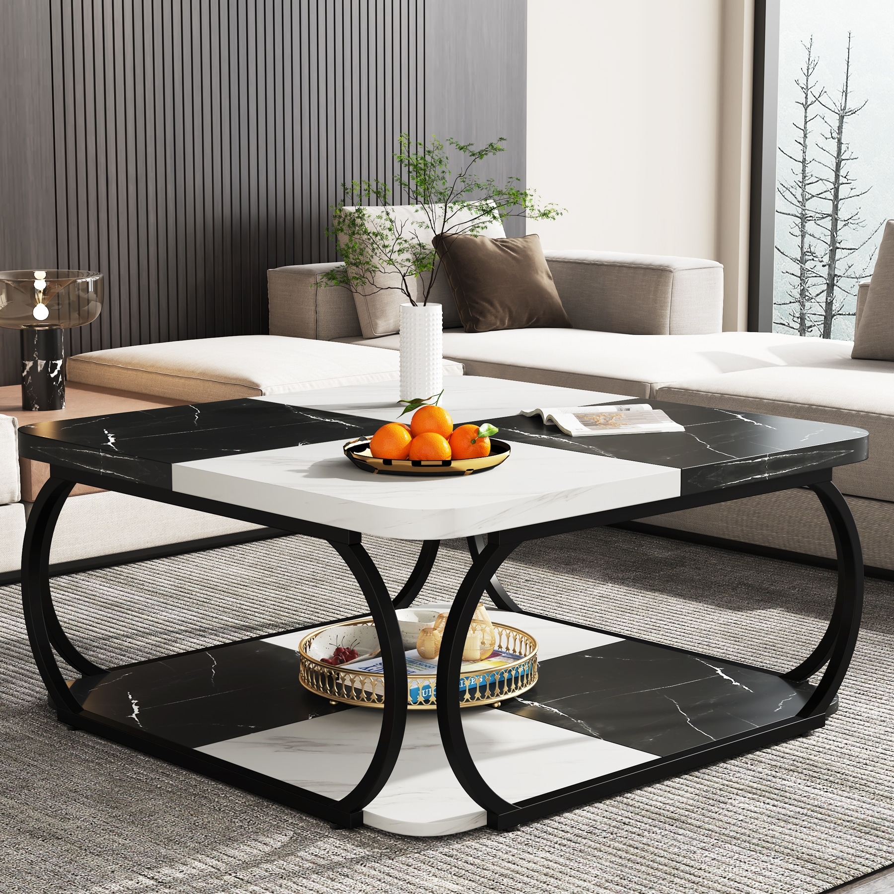 2 Tiers Square Coffee Table with Storage Shelf 39 Inches Low