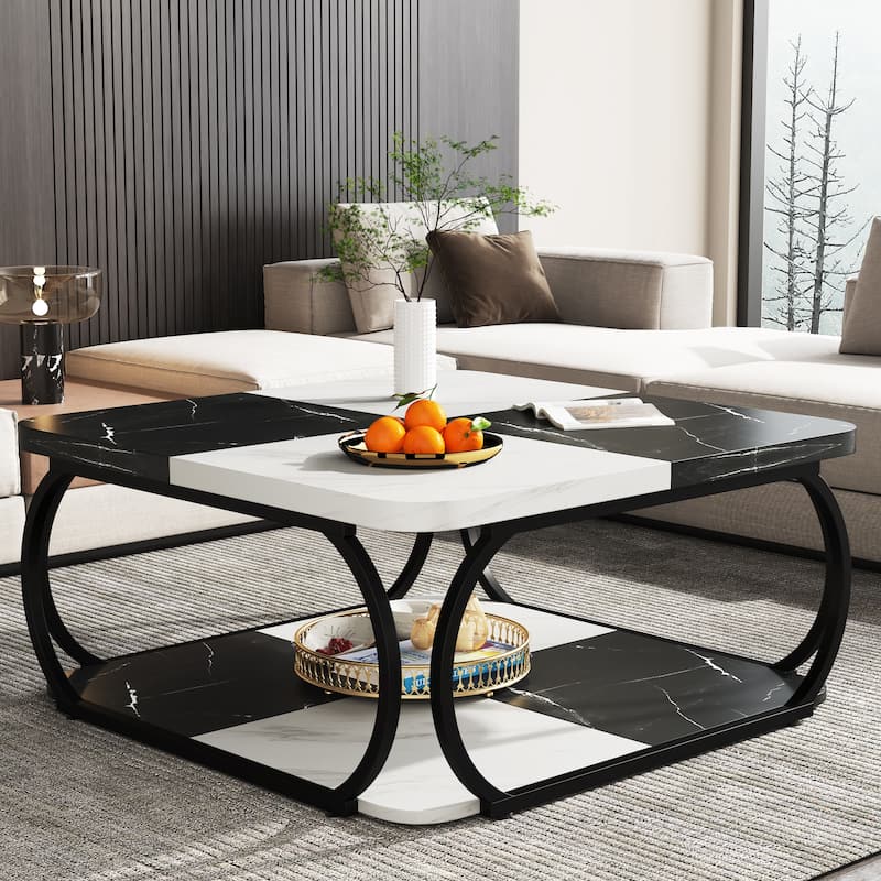 Square 2-Tier Coffee Table with Storage Shelf, 39 inches Low Farmhouse Wood Coffee Table for Modern Living Room