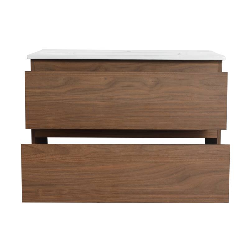 24" Floating Bathroom Vanity with Ceramic Basin, 2 Soft-Close Drawers, Eco-Friendly Plywood Construction