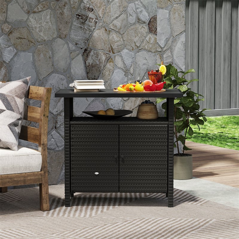 PE Rattan Outdoor Storage Cabinet with Tabletop and Open Shelf - 35.4" L x 20.9" W x 33.5" H