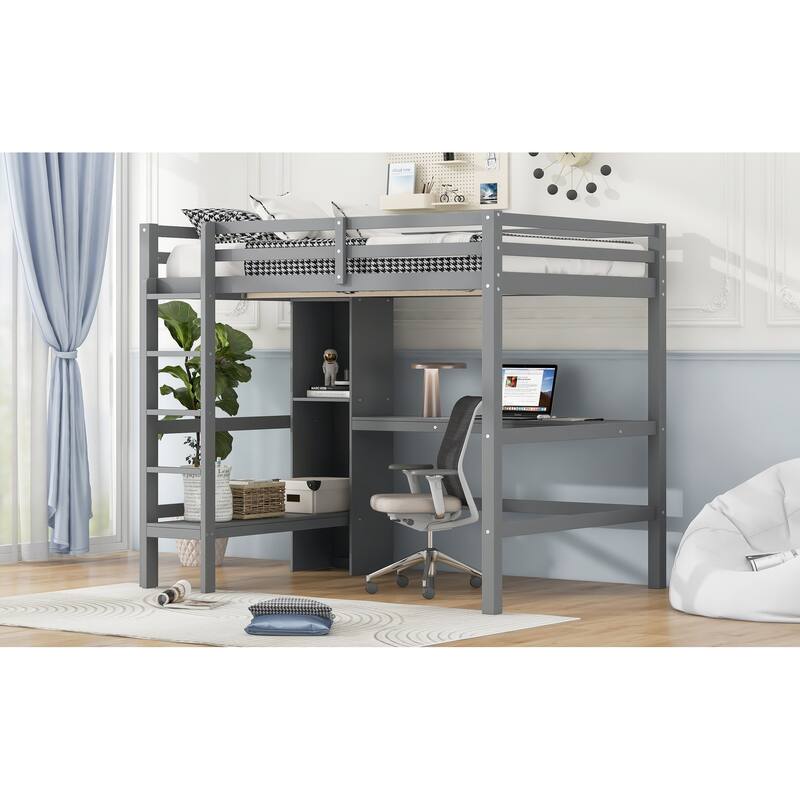 Full Size Loft Bed with Built in Desk, Multifunction Shelves, and Sturdy Frame