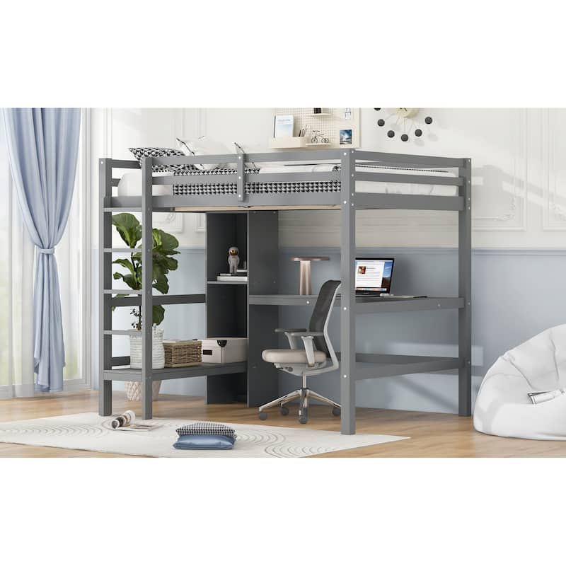 Full Size Pinewood Loft Bed with Under-Bed Desk and Multifunction Shelves