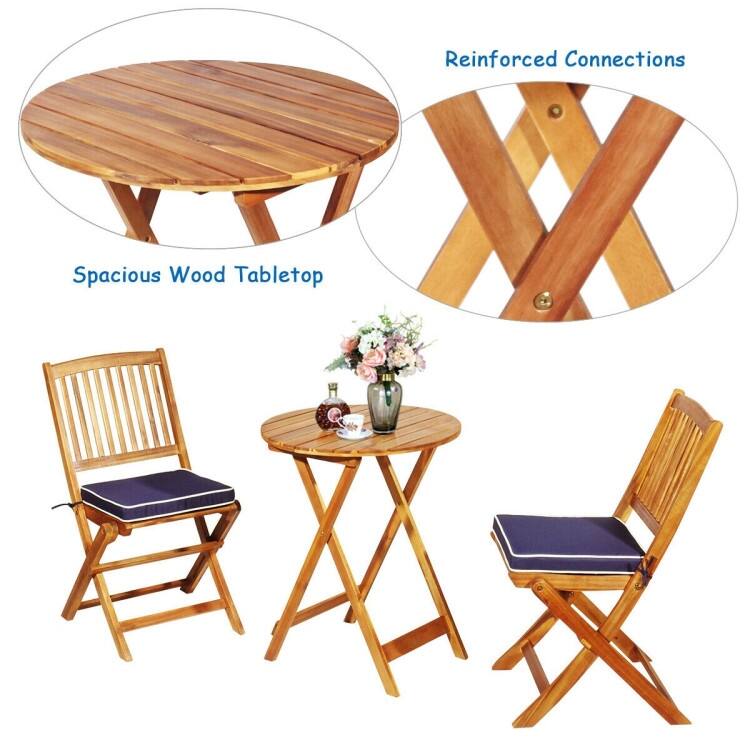3 Pieces Patio Folding Bistro Set with Padded Cushion and Round Coffee Table - 23.5" x 23.5" x 29.5" (L x W x H)
