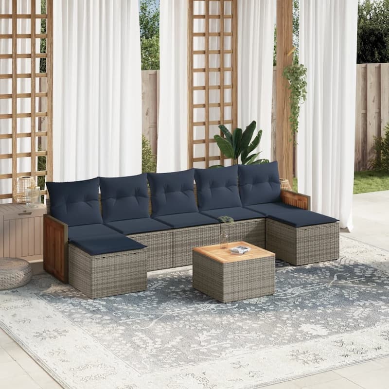 vidaXL 7/8 Piece Patio Sofa Set with Cushions Black/Gray Poly Rattan - 21.7 x 24.4 x 27.2 - Gray With table