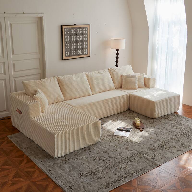 Corduroy Modular Sectional Sofa with Ottoman, U Shaped Upholstered Couch