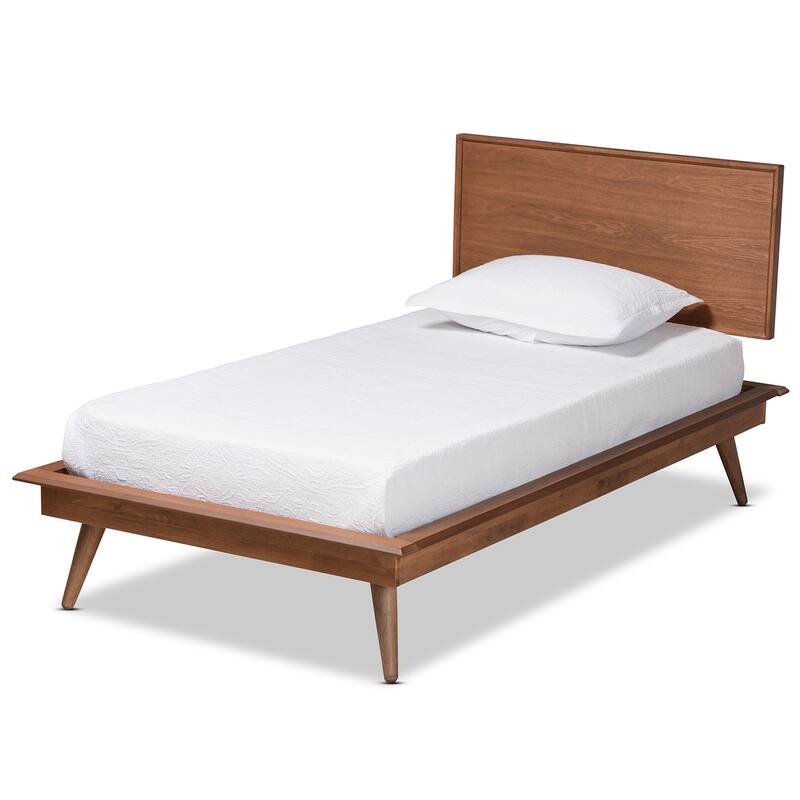 Twin Platform Bed - Mid-Century Modern Wood Bed Frame - Walnut Brown Finish