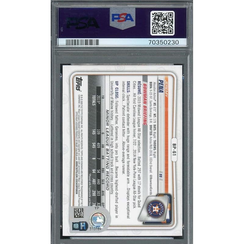 Jeremy Pena 2020 1st Bowman Paper Prospects Signed Rookie Card #BP61 Auto PSA 10 - 8'6" x 11'6"