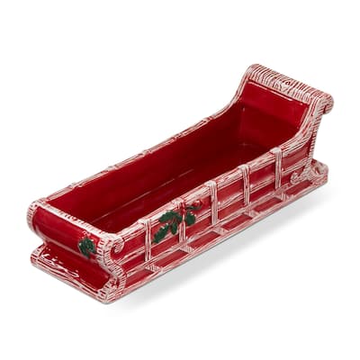 Vintage Red Multi Ceramic Sleigh Cracker Dish Serving Platter for Christmas 10.5 x 3.25 Hand Wash Only