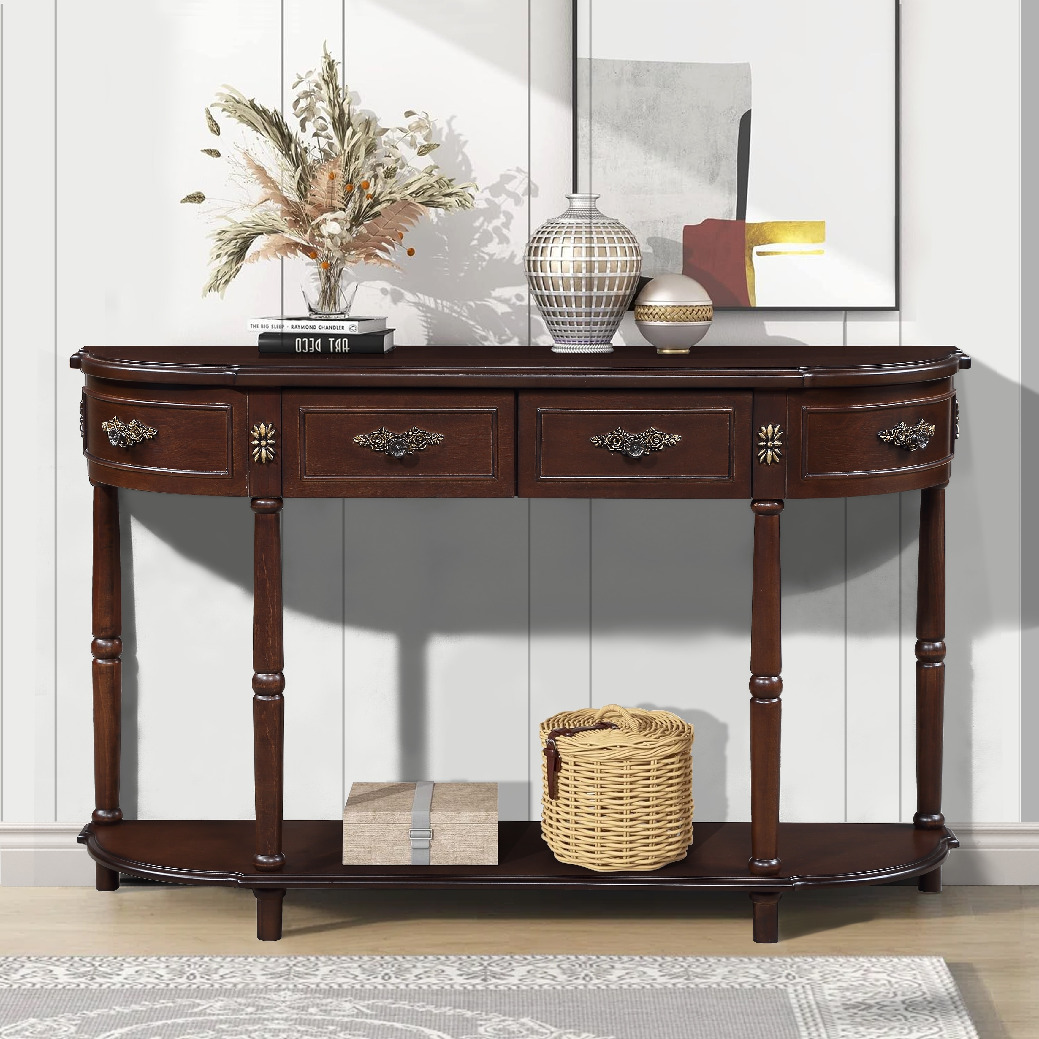 Retro Curved Wood Console Table with Open Shelf, Entryway Table Sofa Table Hallway Table with Drawers