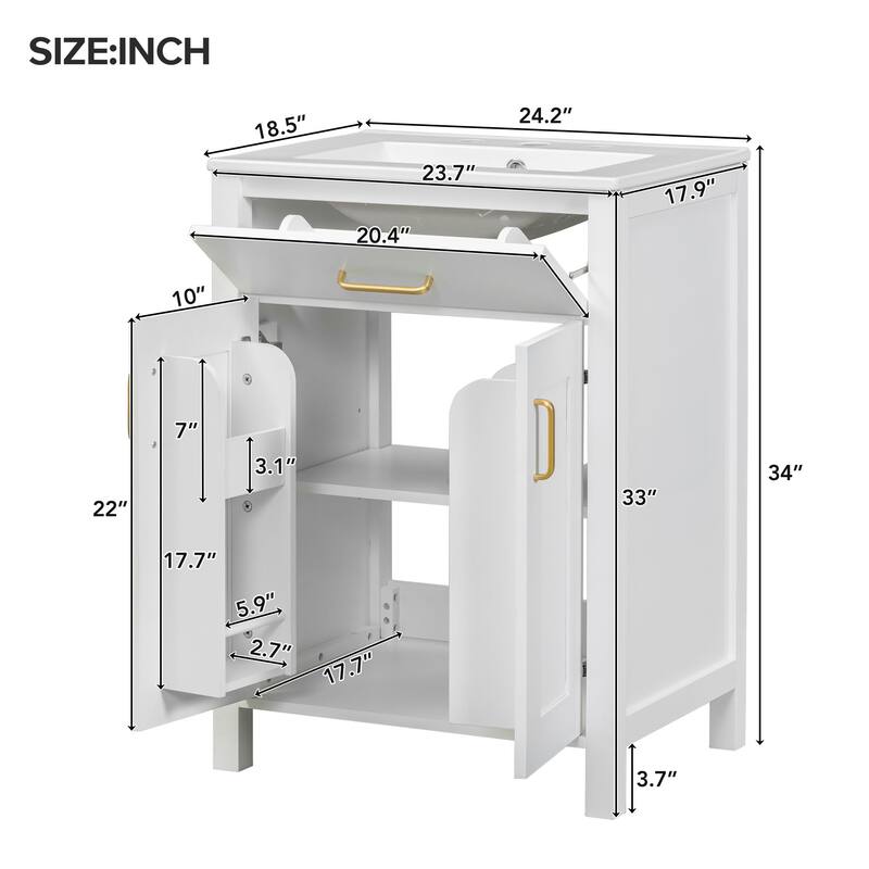 24" Bathroom Vanity with Ceramic Sink, Soft-Close Doors, and Adjustable Shelf - Compact & Modern