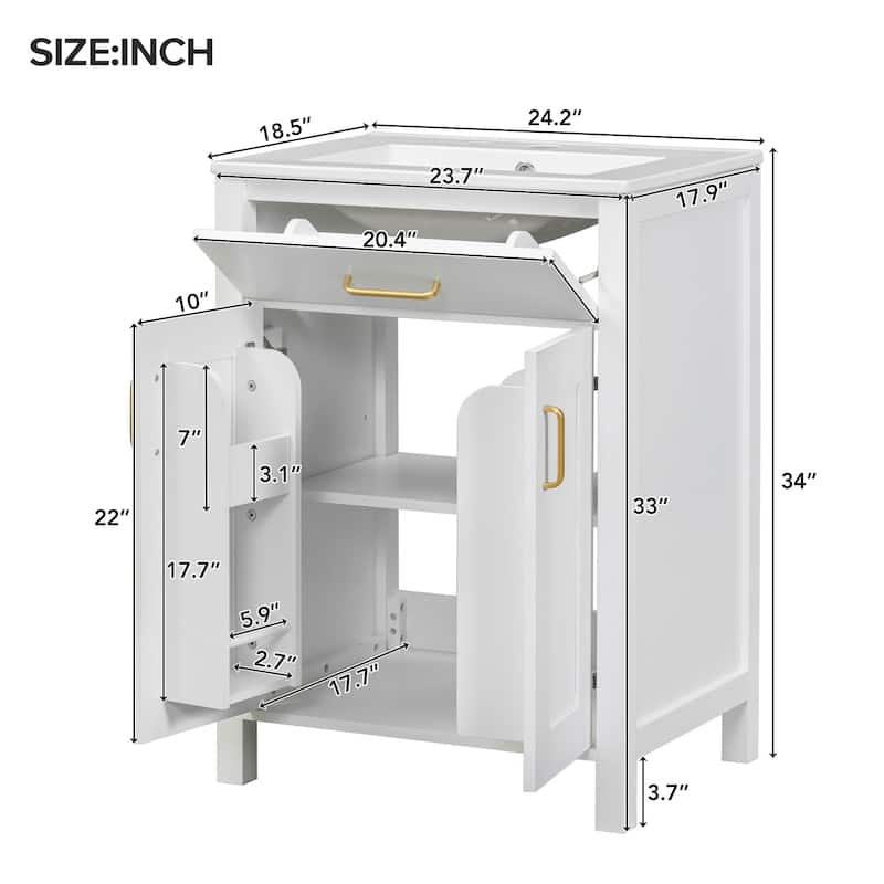 Bathroom Vanity Compact Freestanding Adjustable Cabinet with Door Storage Racks, Flip Down Drawer and Golden Handles