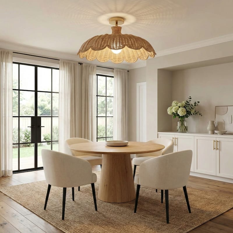 Aurelia Rattan Flush Mount - Rattan Natural 1-Light Handwoven Ceiling Light for Dining Room or Living Room in Modern, Boho Style