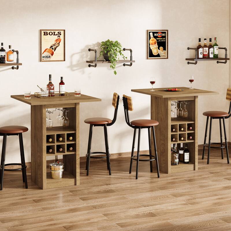 Wood Counter Height Bar Table, Glass Holders Wine Racks Storage Shelves, Kitchen Bistro High Top Pub Cocktail Home Bar Unit