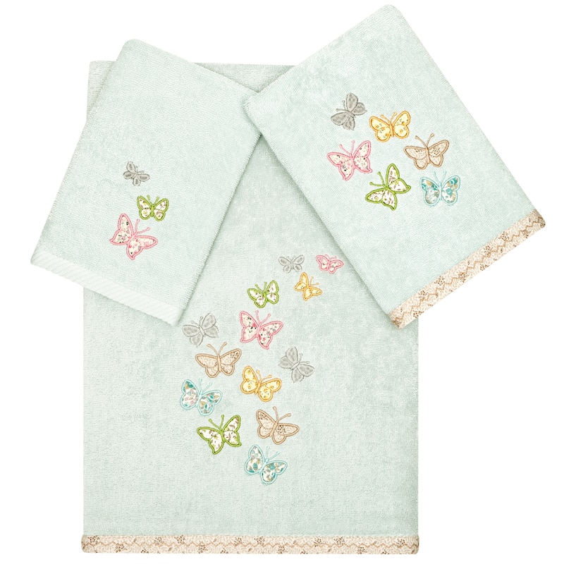 Authentic Hotel and Spa 100% Turkish Cotton Mariposa 3PC Embellished Towel Set - Aqua