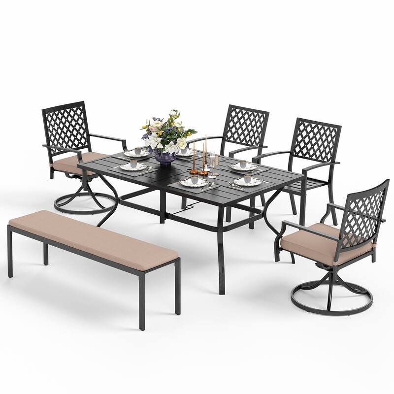 MAISON ARTS 6-Piece Patio Dining set with 1 Rectangle Steel Table, 2 Swivel Chairs, 2 Stackable Chairs and 1 Bench