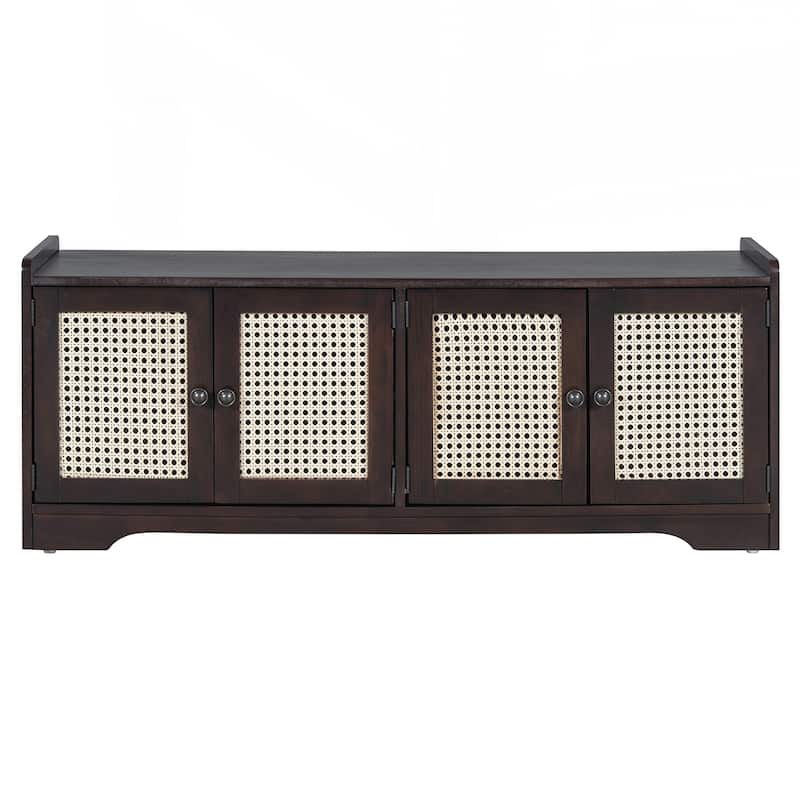 Rustic Storage Bench Multifunctional Wood Entryway Shoe Bench with Removable Cushion, Woven Rattan Doors & Adjustable Shelves