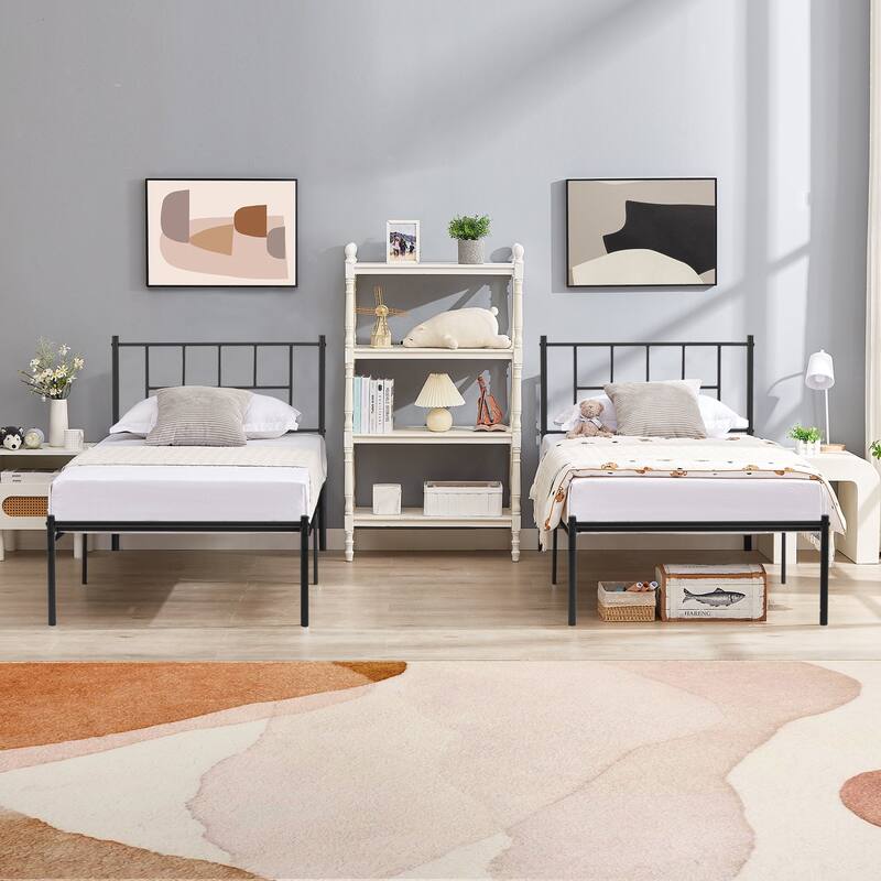 VECELO Twin Size Kids Bed Frame, Easy-to-assemble Metal Twin Platform Bed Frame with Under-bed Storage - Black