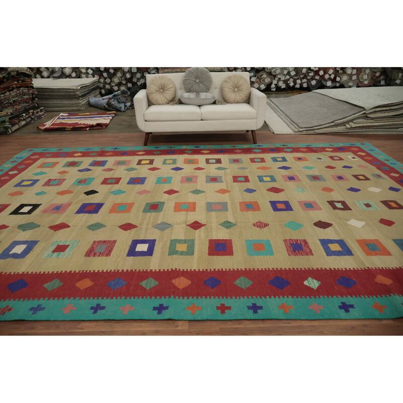 Hand Woven Oriental 100% Wool Carpet Southwestern Modern Multi-Colored Kilim Area Rug - 14' 6'' X 9' 10''