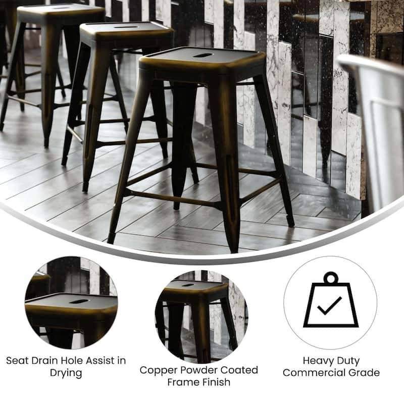 24" High Backless Distressed Metal Indoor-Outdoor Counter Height Stool