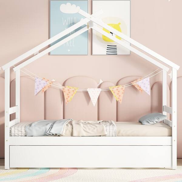 slide 2 of 32, Twin Size House Bed Frame for Kids with Trundle, No Box Spring Needed White