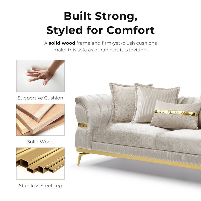 Furniture of America Sawer Glam Beige Upholstered Sofa with Stainless Steel Frame