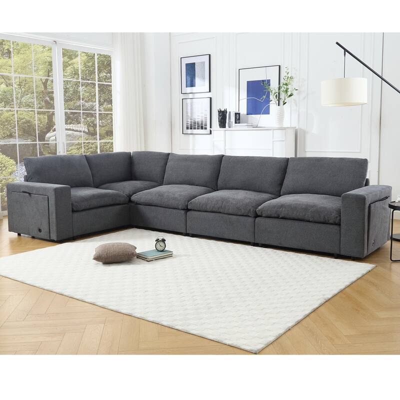 141.5" Linen Modular L-Shaped Sectional Sofa with Charging