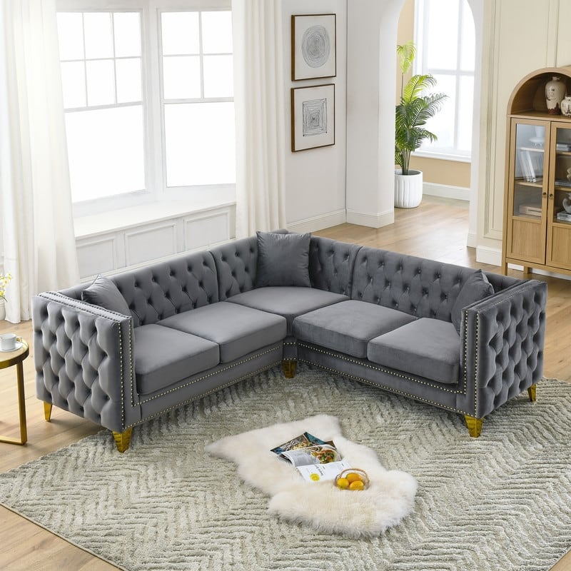 Luxury Velvet Upholstered Tufted Sofa with Arms,L Shaped Couch/Living Room Couches with Metal Legs - Grey