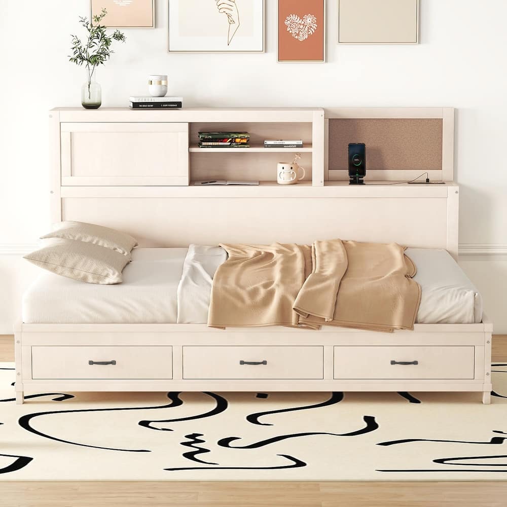 Twin/Full Size Daybed, Solid Wood Platform Sofa Bed Frame with 3 Drawers, DIY Soft Board, Sliding Doors, and Charging Station
