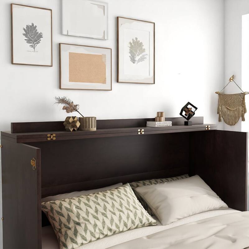 Space-Saving Queen Murphy Bed with Rattan Decoration, Power Station & Large Drawer