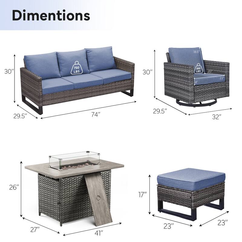 Outdoor Sofa 2 Swivel Chairs Ottomans and Fire Pit Table
