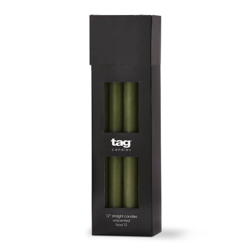 Color Studio 12" Straight Taper Unscented Smokeless Paraffin Wax Candle Olive Green, Burn Time 12 hrs. Set 12
