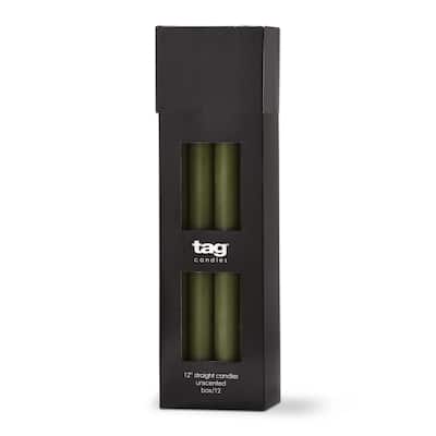 Color Studio 12" Straight Taper Unscented Smokeless Paraffin Wax Candle Olive Green, Burn Time 12 hrs. Set 12