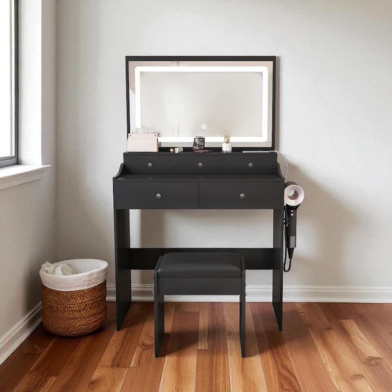 Modern Vanity Set with Extra-Large Lighted Mirror, 3 Color Modes, Power Outlet, Hair Dryer Holder & Storage Drawers - Black