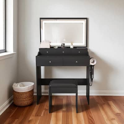 Modern Vanity Set with Extra-Large Lighted Mirror, 3 Color Modes, Power Outlet, Hair Dryer Holder & Storage Drawers