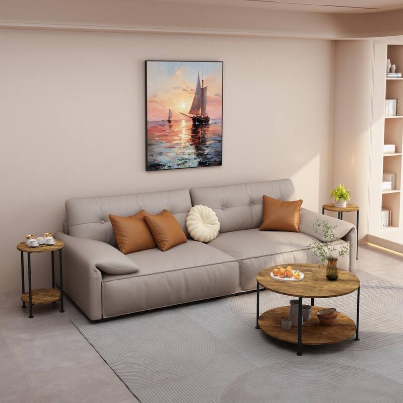 Anmytek Rustic Brown 3 Piece Coffee and End Table Set with Storage Shelves Round Modern Farmhouse Living Room Accent Table Set