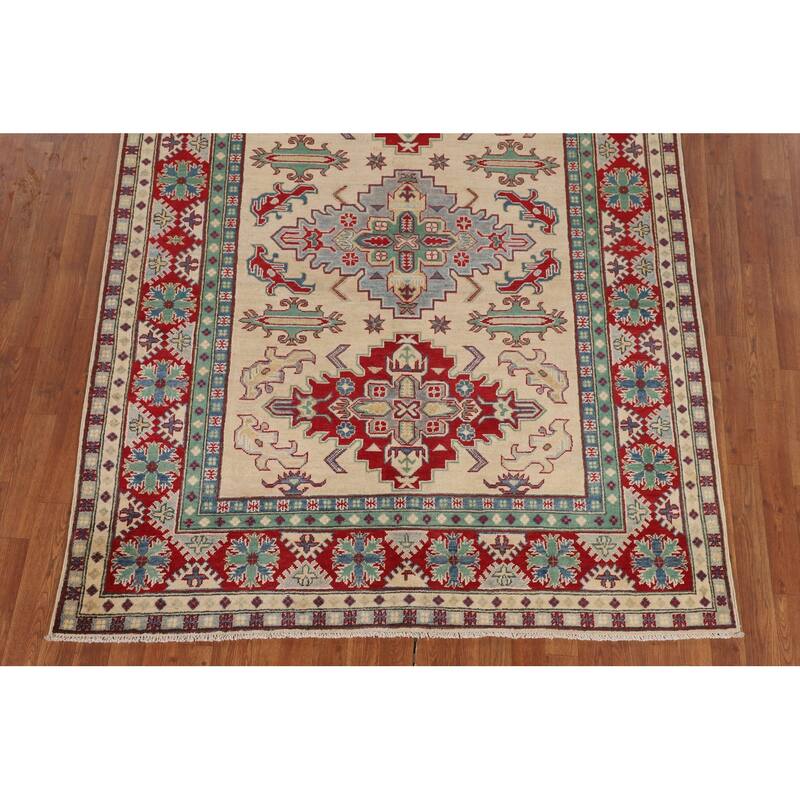 Hand Knotted Oriental 100% Wool Carpet Traditional Geometric Beige & Ivories Kazak Area Rug - 8' 0'' X 5' 8''