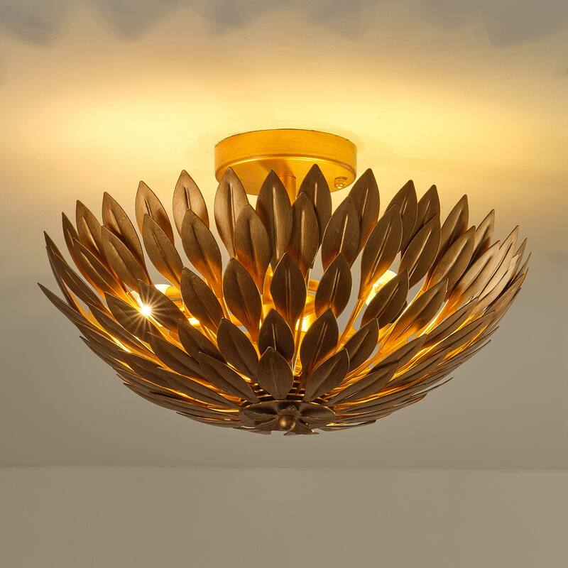Antique Gold Olive Leaf 3-Light Semi Flush Mount Ceiling Light - 16" W x 10.1" H