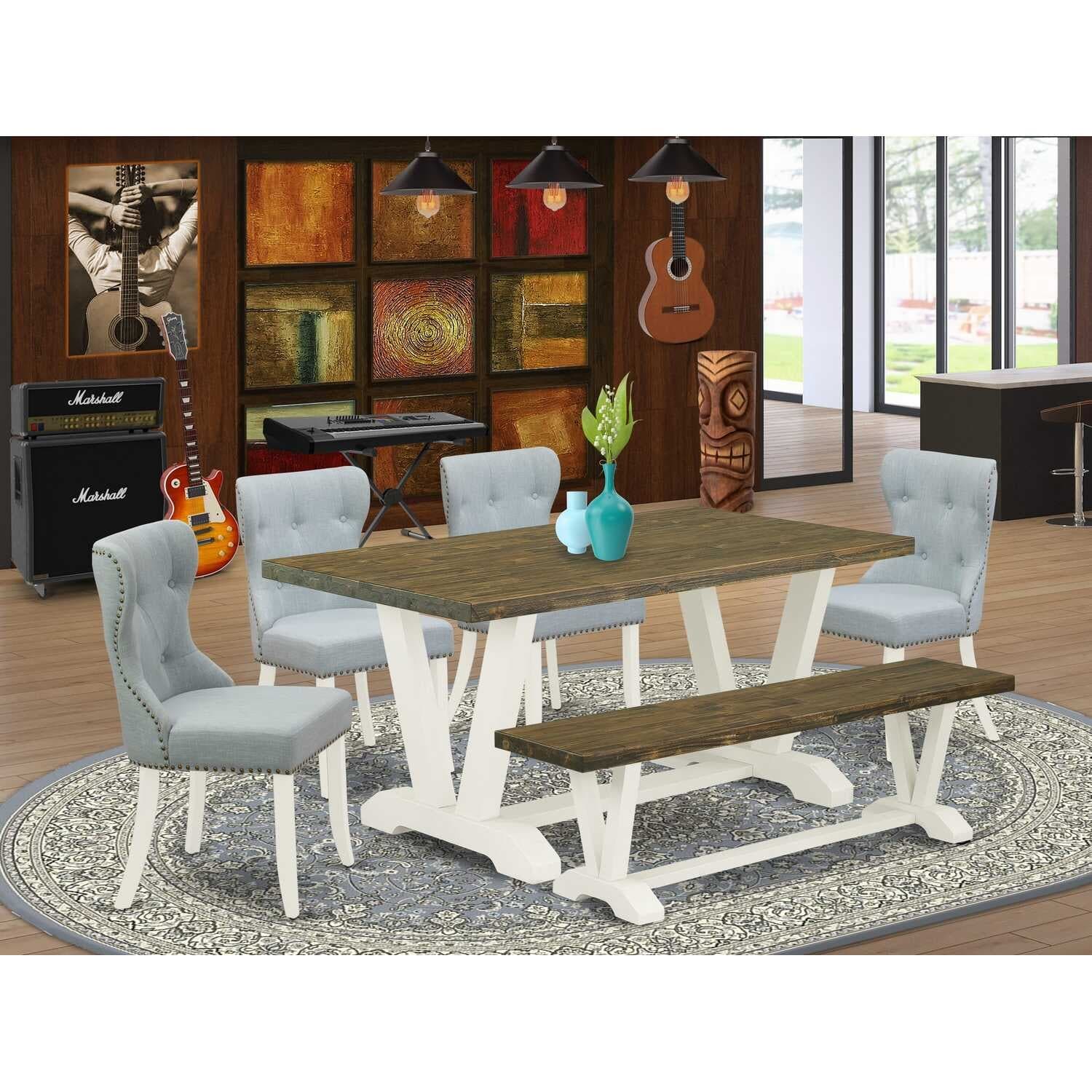 HomeStock 6-Piece Natural Oak Finish Solid Wood Top dining Table with 1-Bench and 4-Chairs