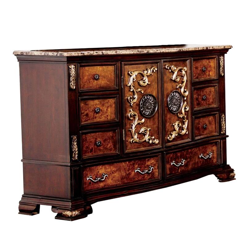 Iliana 8 Drawer Wide Dresser with 2 Door Cabinet, Dark Cherry Brown Wood