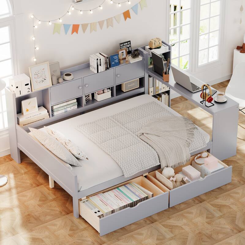 Wooden L Shaped Daybed with Bookcase and 2 Drawers, Multi-functional Corner Platform Sofa Bed Frame with Built In Desk