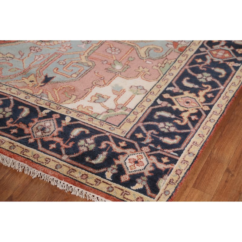 Geometric Heriz Serapi Area Rug Hand-Knotted Orange Wool Carpet - 9'11" x 13'3"