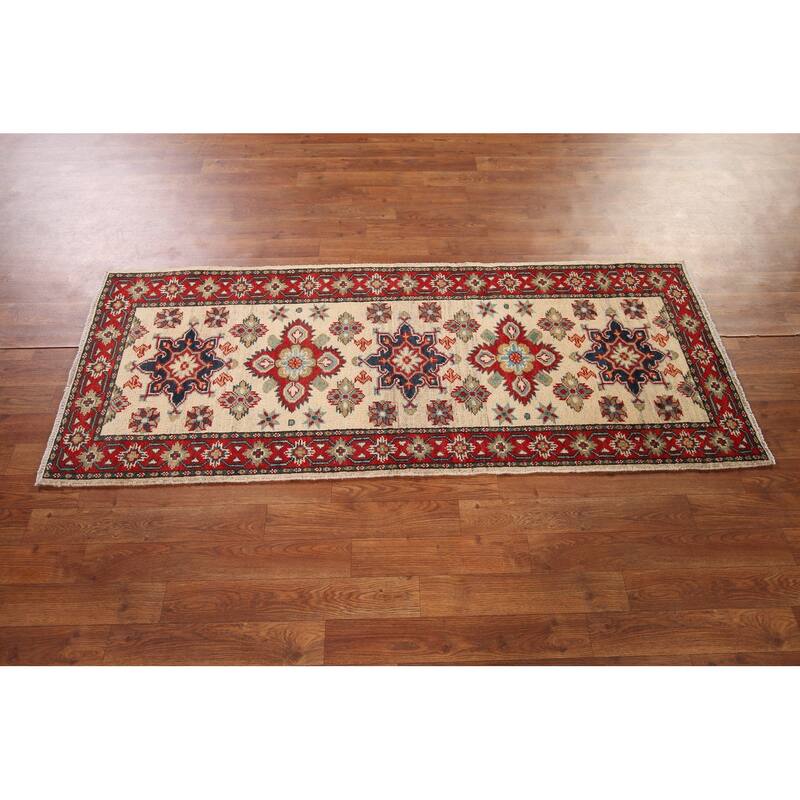 Geometric Kazak Runner Rug Hand-Knotted Beige Wool Carpet - 2'3" x 5'11"