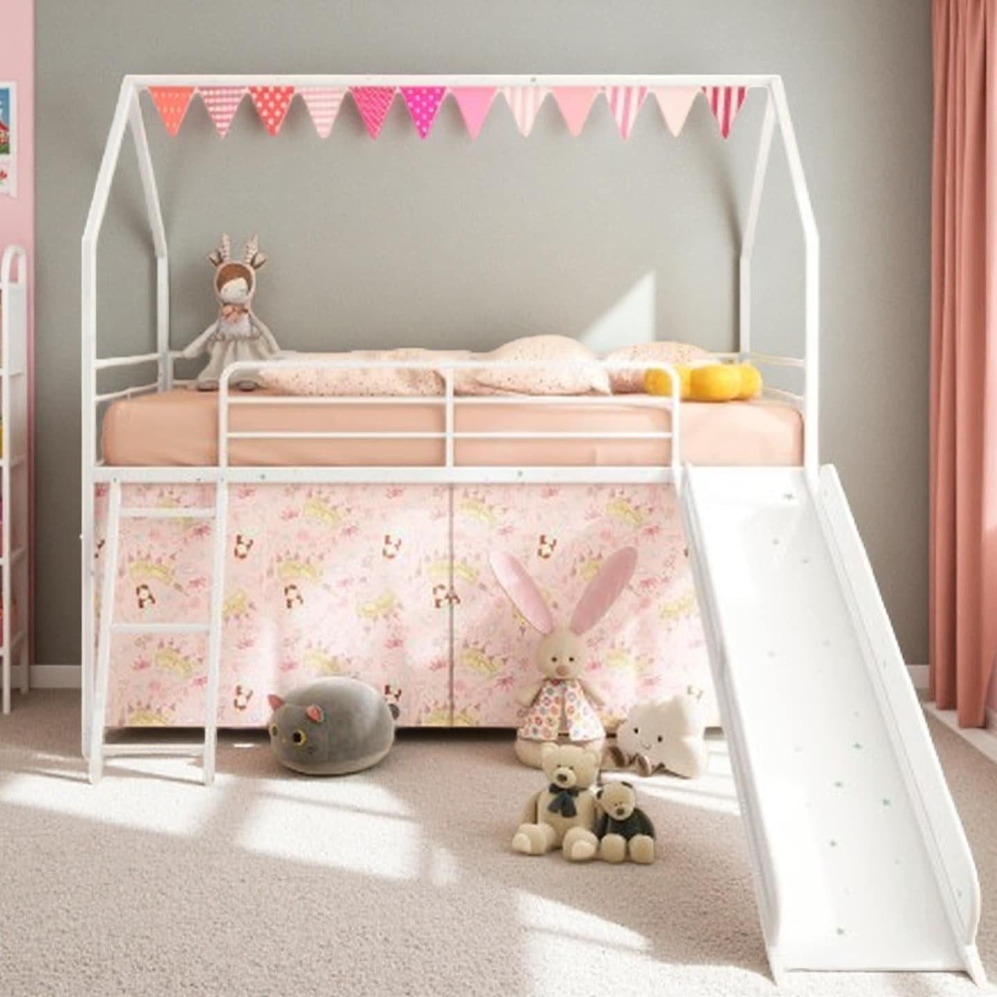 Twin Metal Loft Bed with Slide and Playhouse Design, Safety Guardrails, Decorative Curtains, Banner Flags & Glow Star Stickers